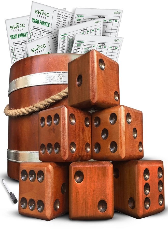 SWOOC Games - Yardzee, Farkle, & 20+ Giant Dice Games (All Weather) with Wood Bucket, 5 Scorecards, & Marker - Yard Dice Outdoor Game for Family - Giant Backyard Game Set - Outside Jumbo Lawn Fun - Image 1